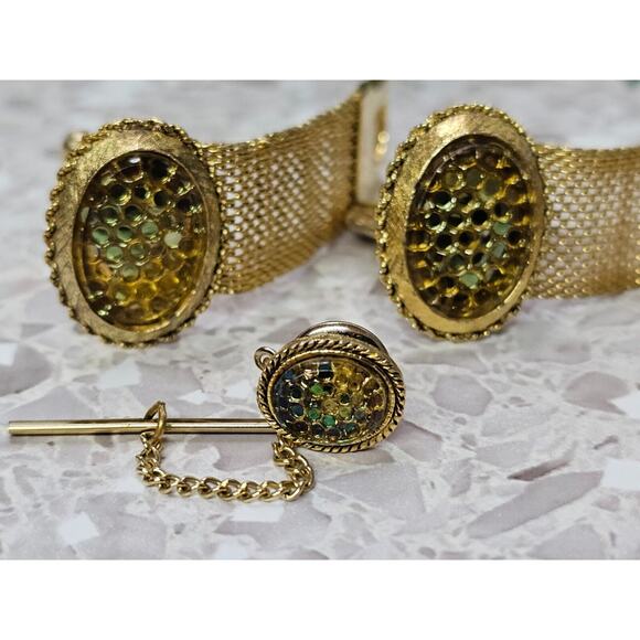 Classy Mid Century Vintage Cuff Link & Tie Pin Textured Honeycombs - Picture 2 of 6
